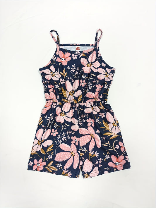 Girls Flowers Print Cami Romper Stretch Suspenders Jumpsuit