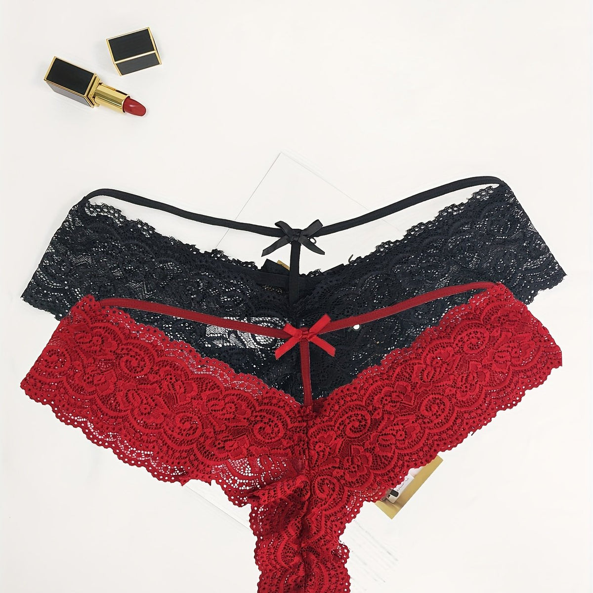 2 Pack Plus Size Lace Briefs Set, Cut Out Bow Front Panties