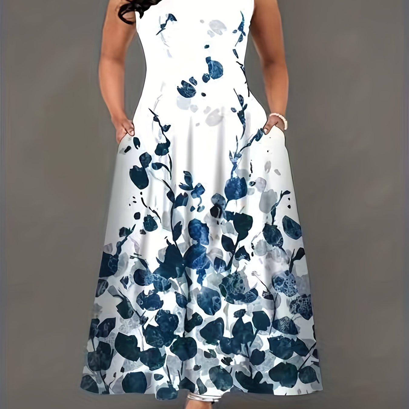  Leaf Print Maxi Tank Dress With Pockets