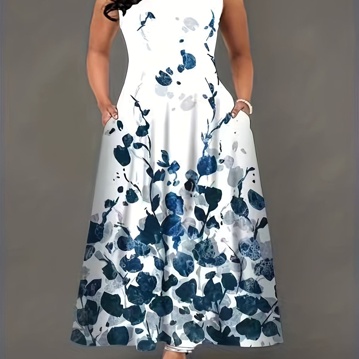  Leaf Print Maxi Tank Dress With Pockets