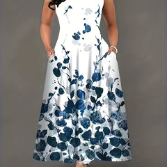  Leaf Print Maxi Tank Dress With Pockets