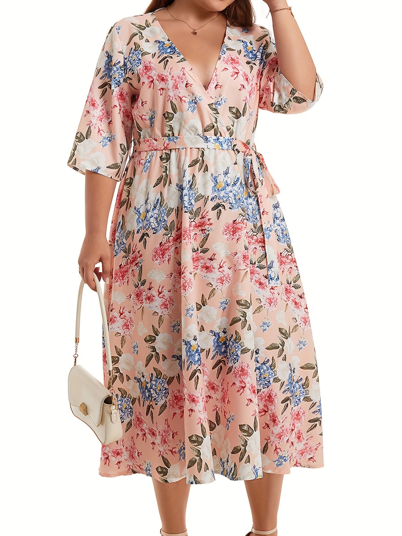 Women's Plus Floral Print Half Sleeve Midi Dress