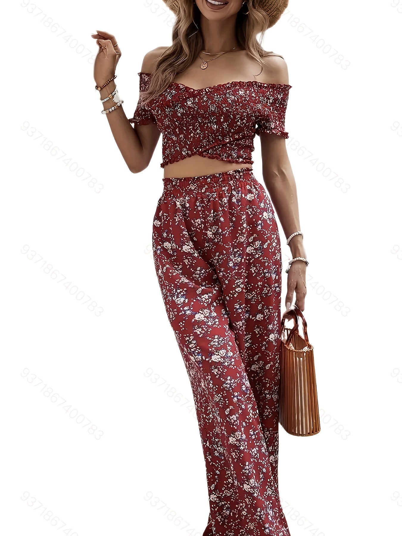 Floral Print Off Shoulder Crop Top & High Waist Set