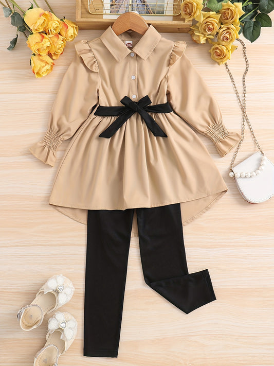 Girl's Lapel Top & Trousers Set With Belt