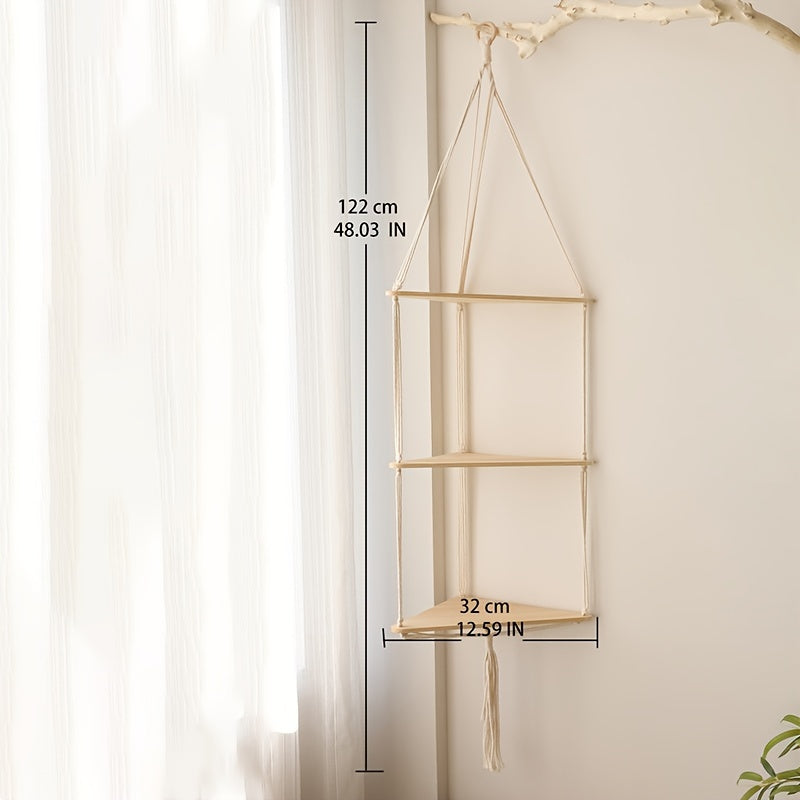 Triangular Wooden Shelf Wall Hanging with Bohemian Beads and Cotton Rope