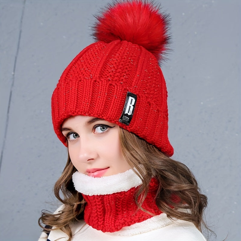 2pcs Beanie & Scarf Set Winter Warm Pompom Knit Hat & Ribbed Loop Scarf