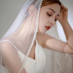 Short Bridal Veil Faux Pearl Trim Sheer Nylon Wedding Accessory