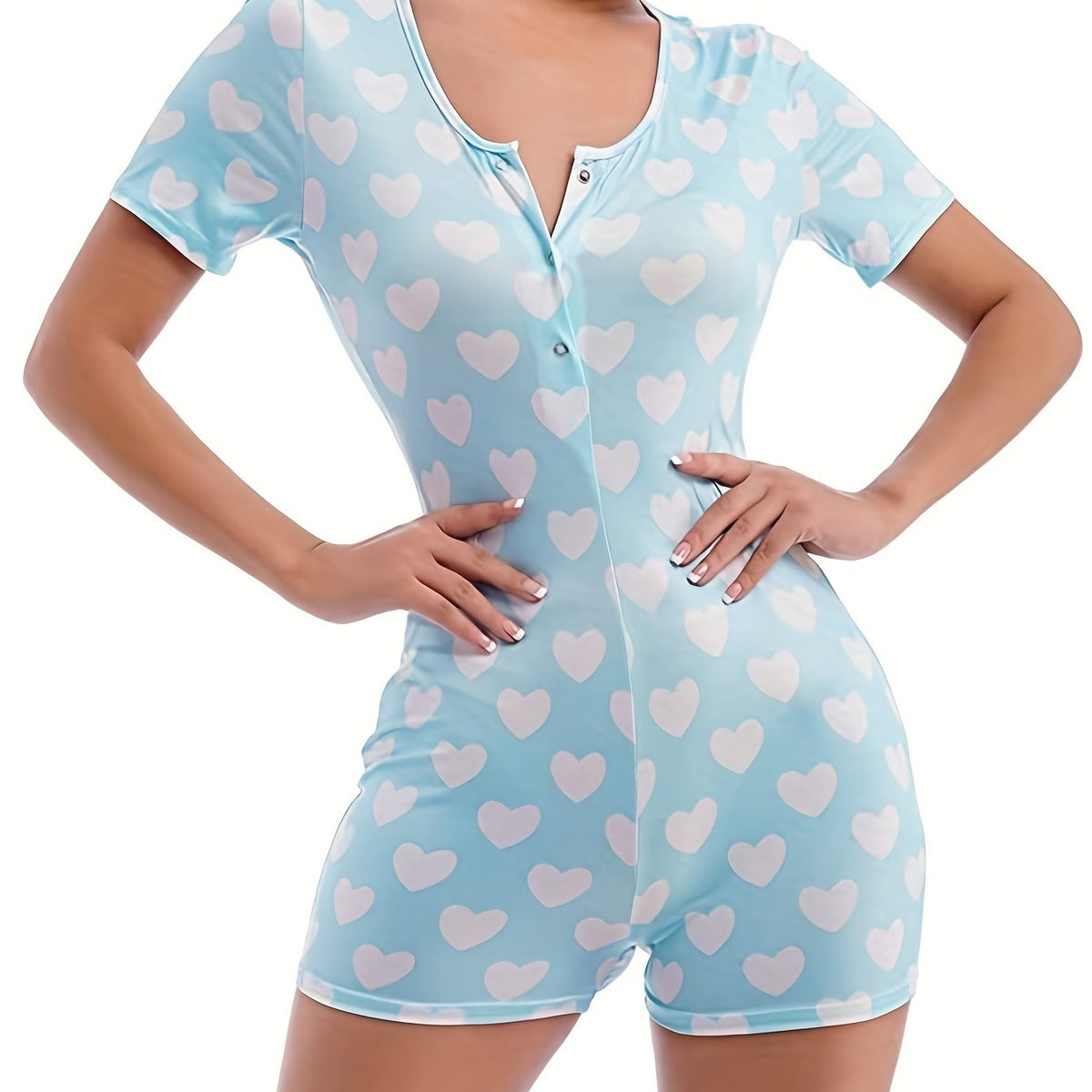 Heart Print Lounge Romper Sexy Short Sleeve Buttons Romper Women's Loungewear