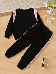 Girls 2pcs Cat Print Sweatshirt & Sweatpants Set