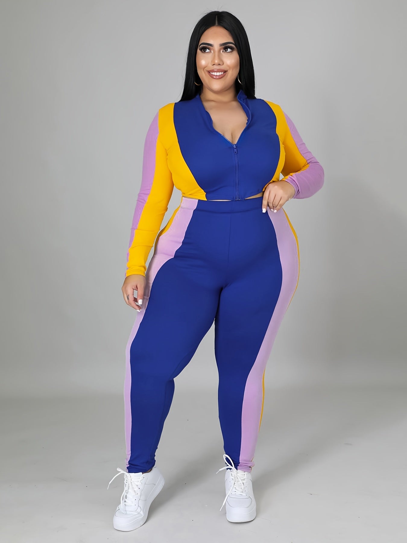 Colorblock Zip Up Jacket & Pants Set Plus Size