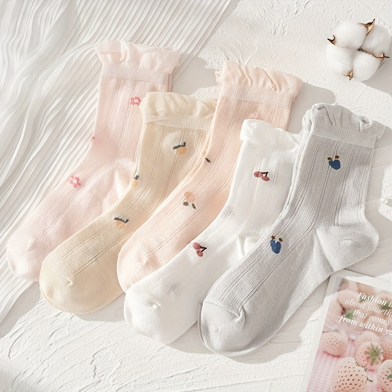 Floral Fruit Print Ruffle Socks Women's Stockings
