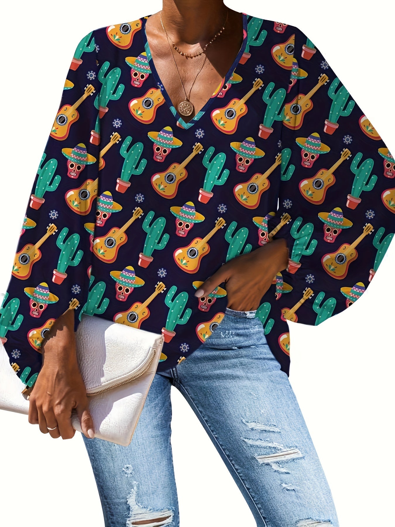  Funny Skull & Cactus Print Lantern Sleeve V Neck Top