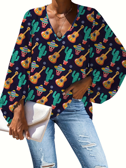  Funny Skull & Cactus Print Lantern Sleeve V Neck Top