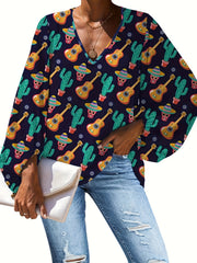  Funny Skull & Cactus Print Lantern Sleeve V Neck Top