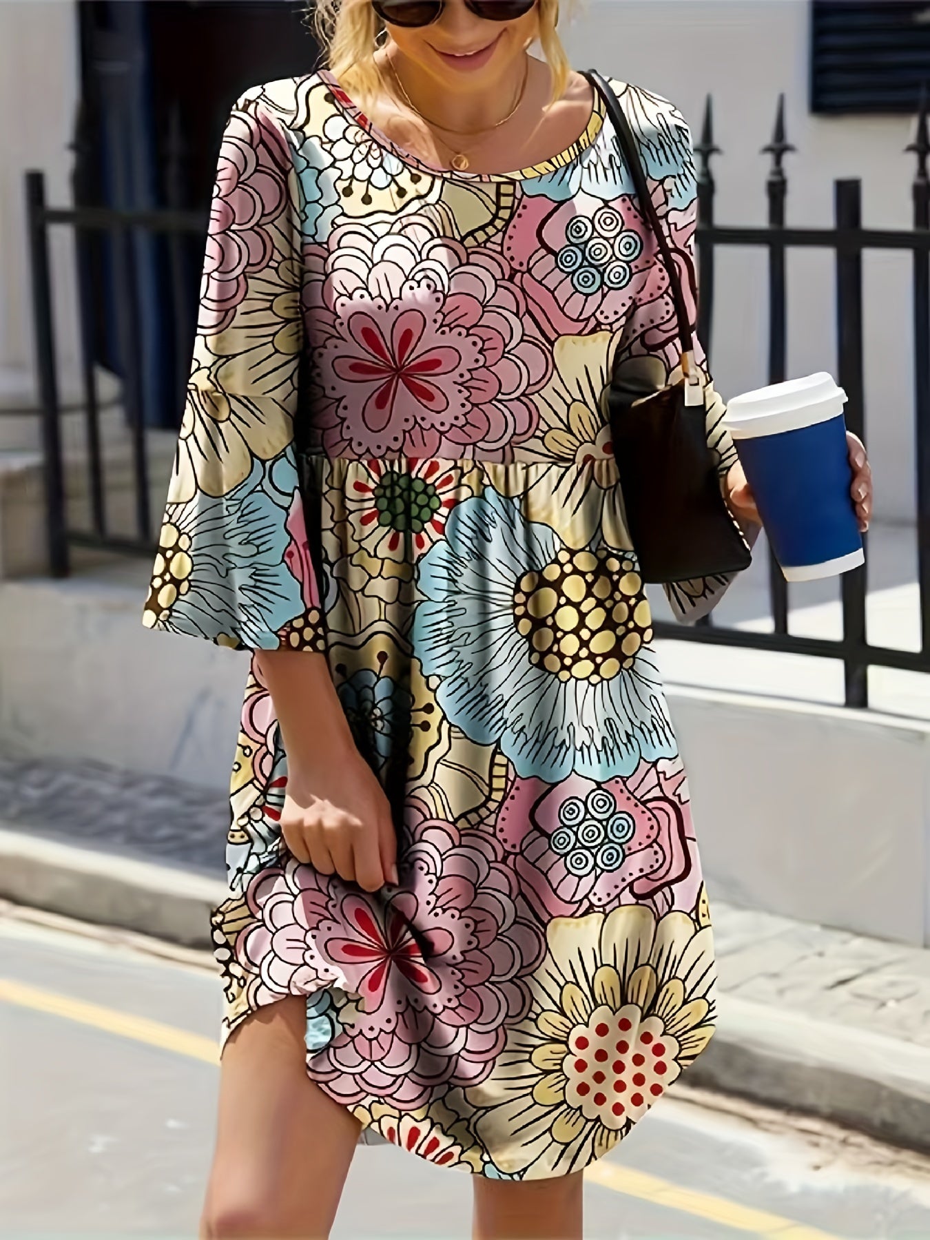  Boho Dress Women's Plus Floral Print Three Quarter Sleeve Dress