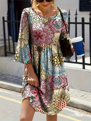  Boho Dress Women's Plus Floral Print Three Quarter Sleeve Dress