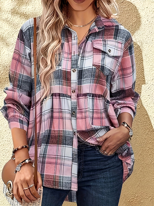  Women's Plaid Print Long Sleeve Peplum Shirt
