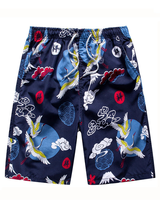 Cloud & Crane Pattern Quick Dry Beach Shorts Men's Waist Drawstring Shorts