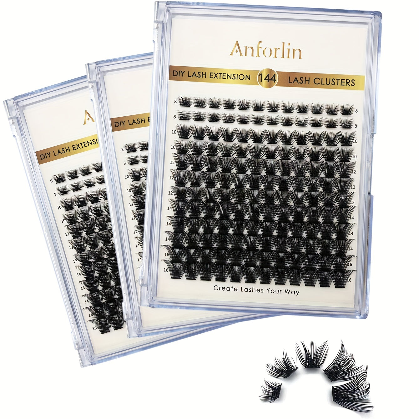 144pcs Mixed Length Self Grafting Cluster Lashes Slender Stem 12 Rows