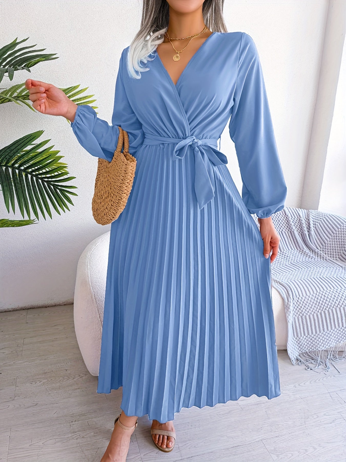 Maxi Bridesmaid Dress V Neck Lantern Sleeve Solid Dress