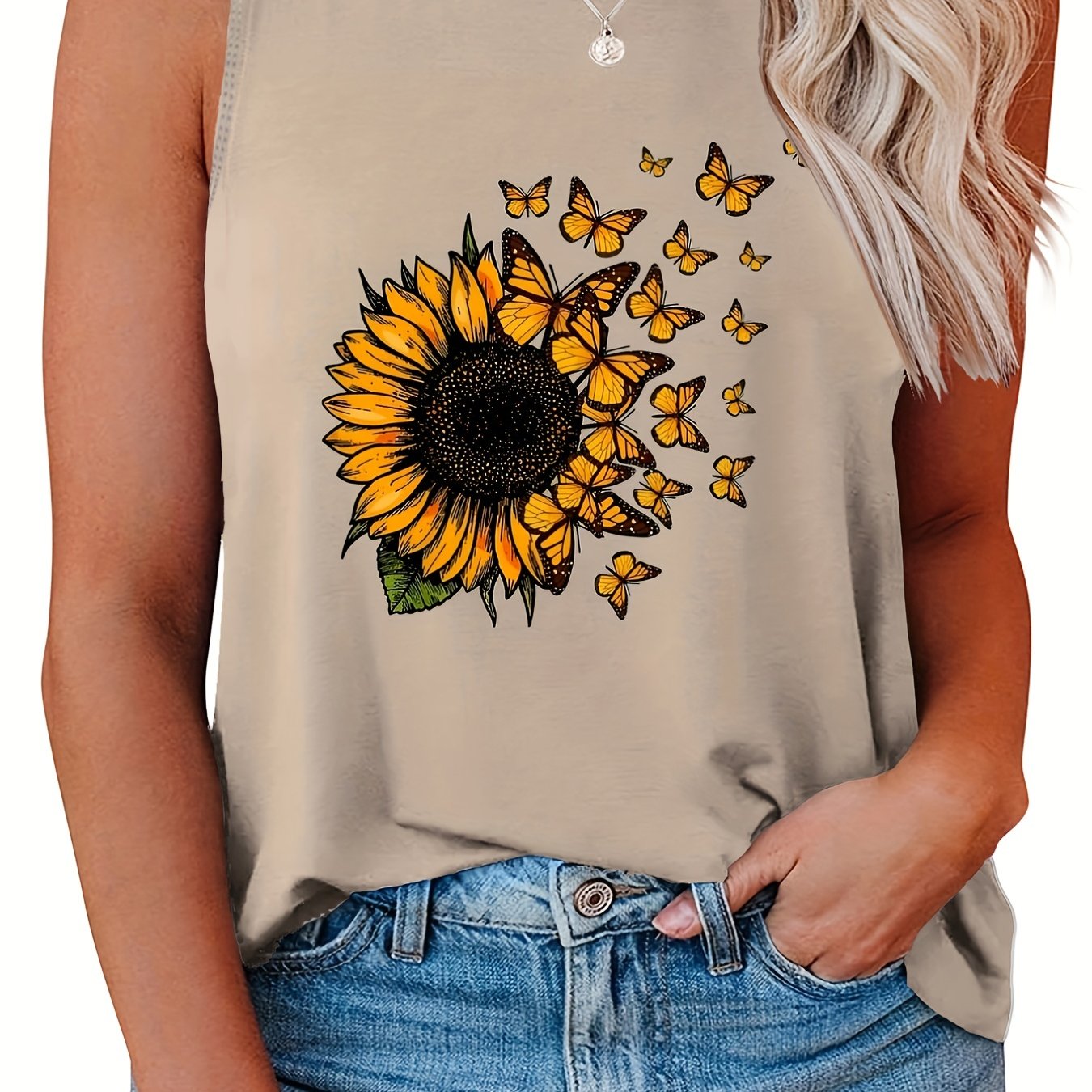  Sunflower Print Tank Top Round Neck Casual Tank