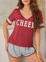 Letter Print Pajamas Set V Neck Top & Shorts