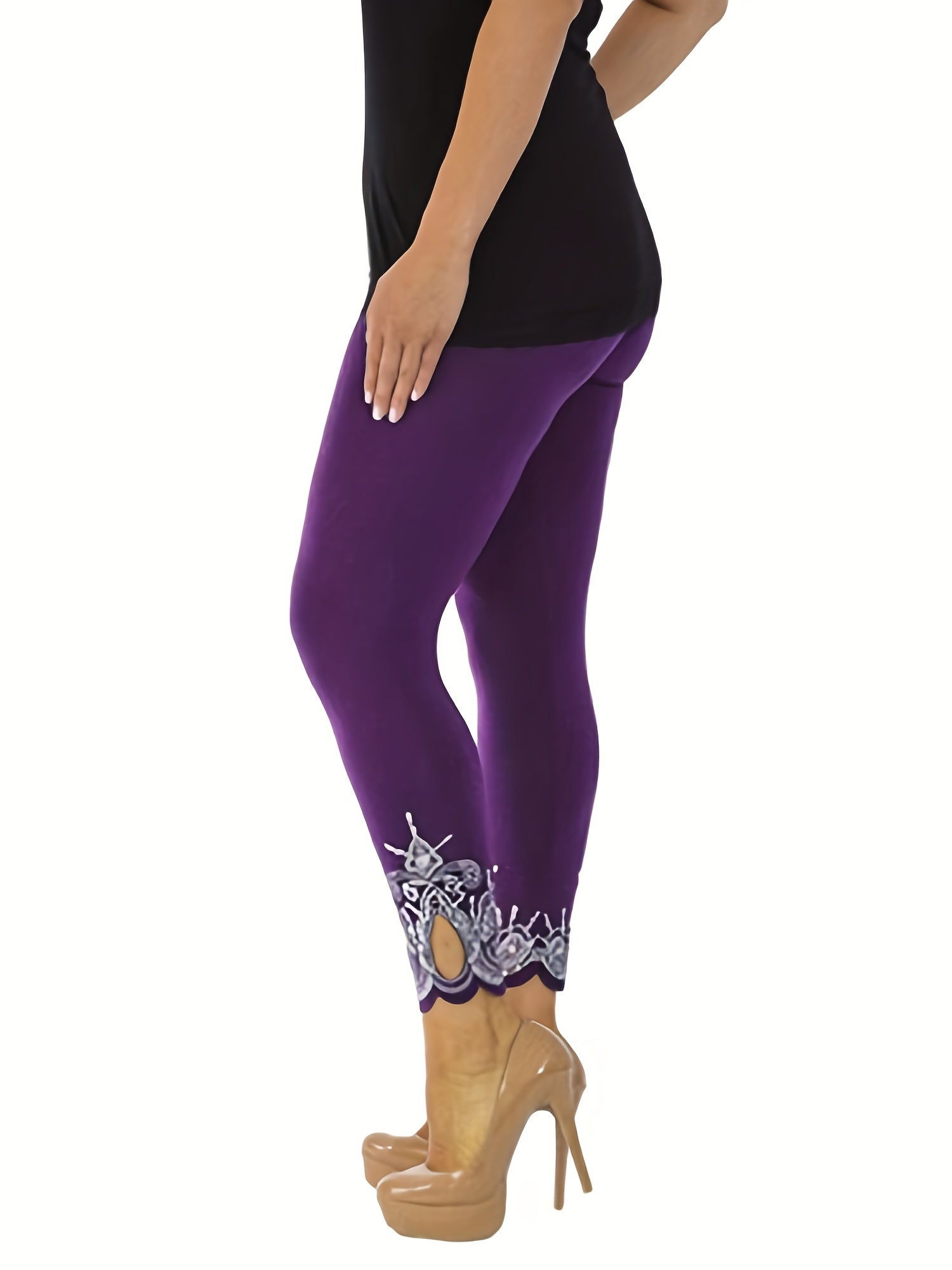 Plus Size Floral Print Cut Out Slim Fit Leggings