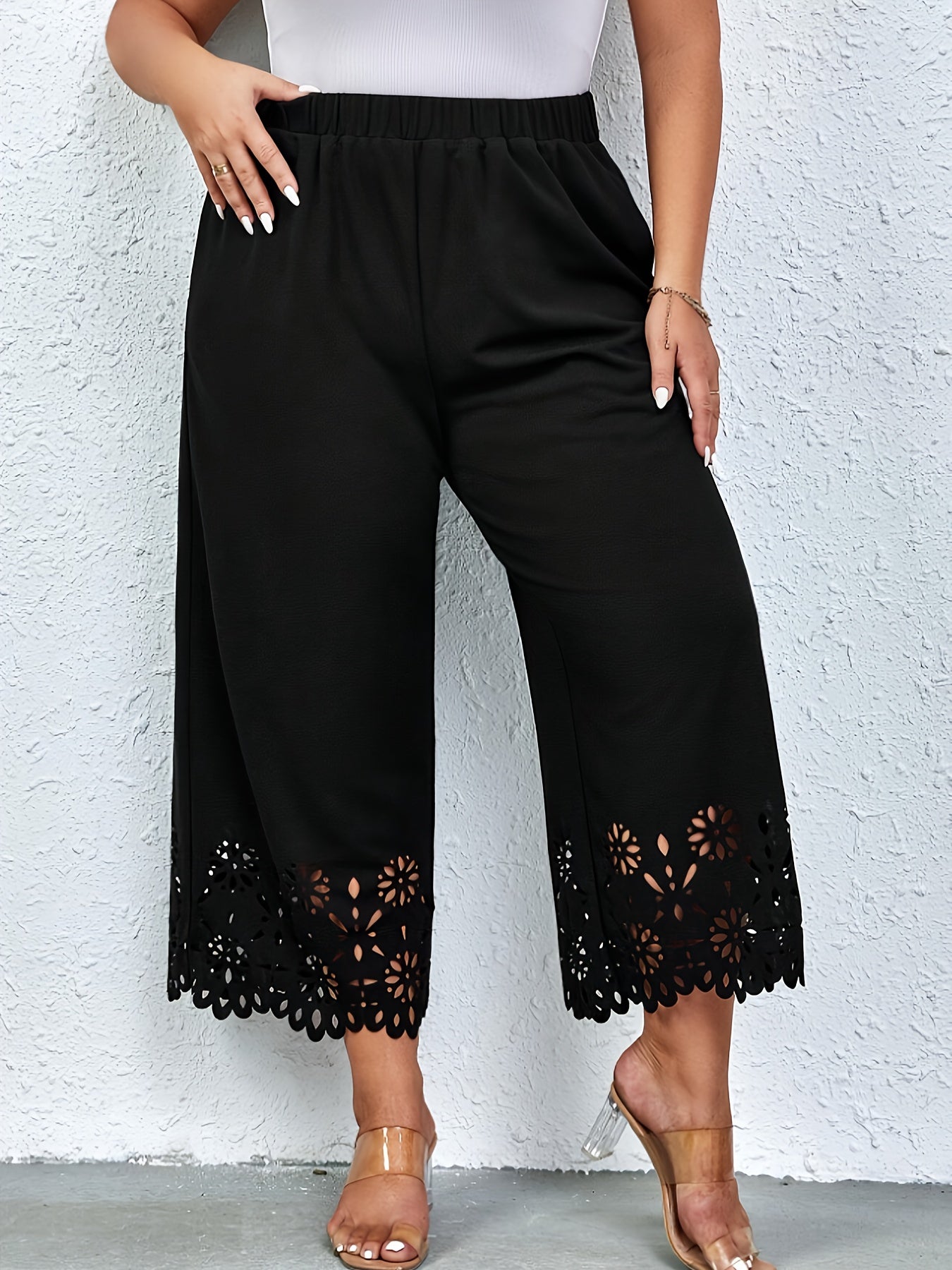  Pants Women's Plus Solid Scallop Trim Elastic High Rise