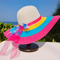 Rose Red Candy Striped Sun Hat Wide Brim Rainbow Ribbon Bowknot Decor