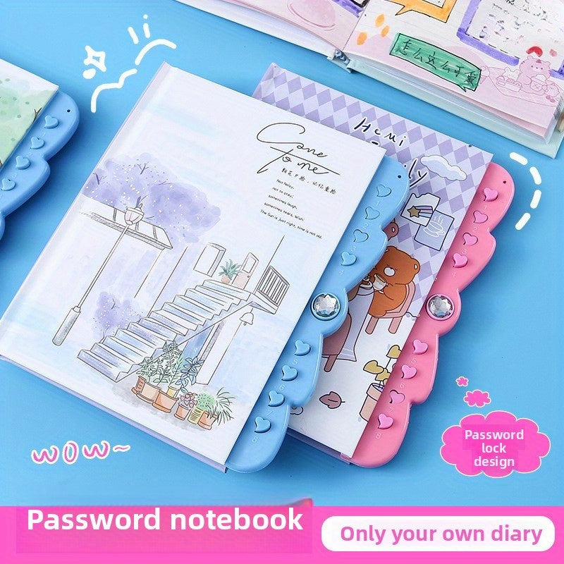 Lockable Password Notebook for Students with Cartoon & Pink Accents