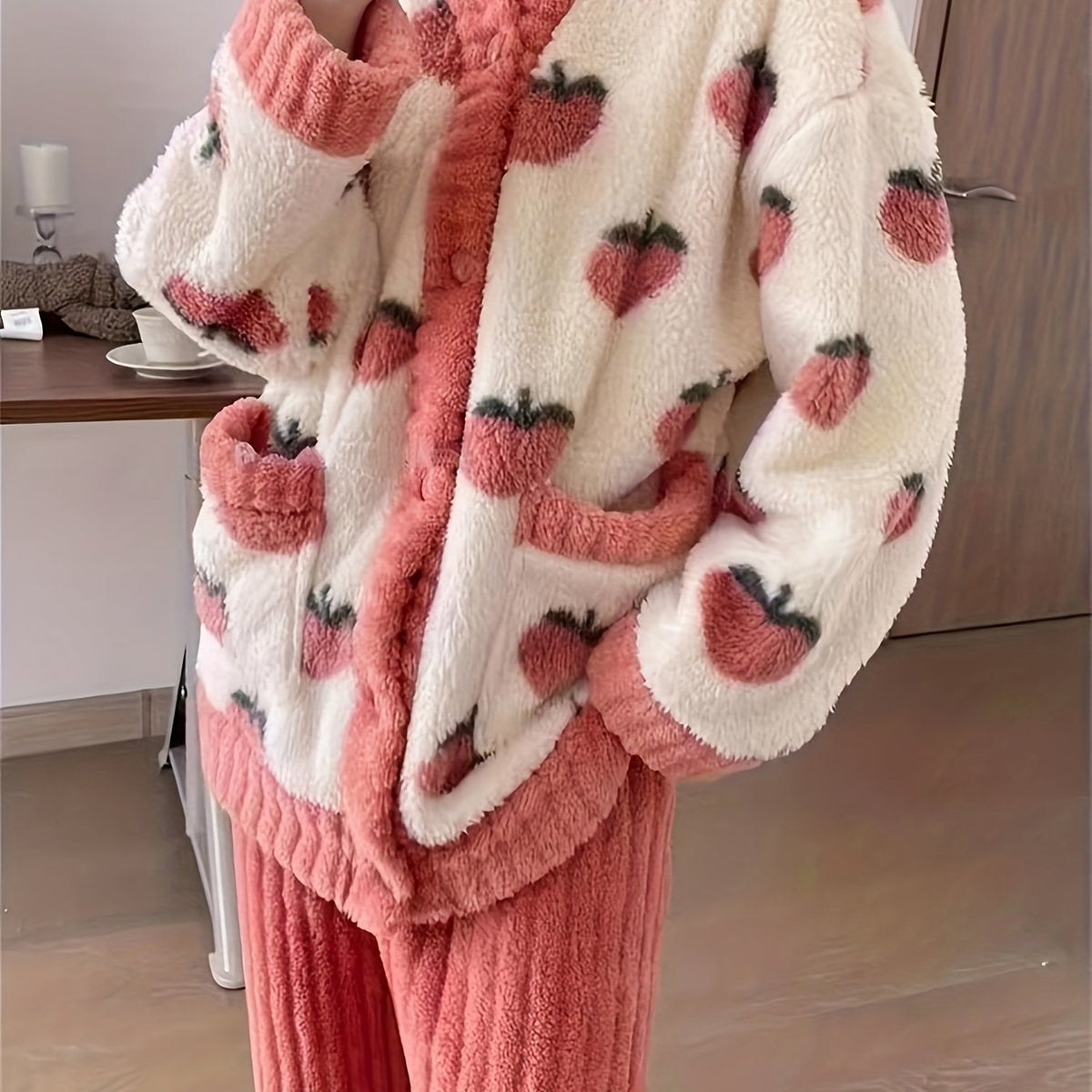 Fruit Print Pajama Set Long Sleeve V Neck Buttons Top Elastic Waistband