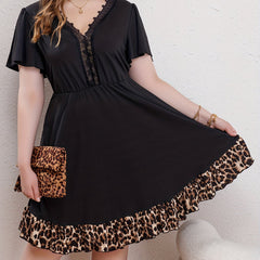 Women's Plus Colorblock Leopard Print Contrast Lace Dress