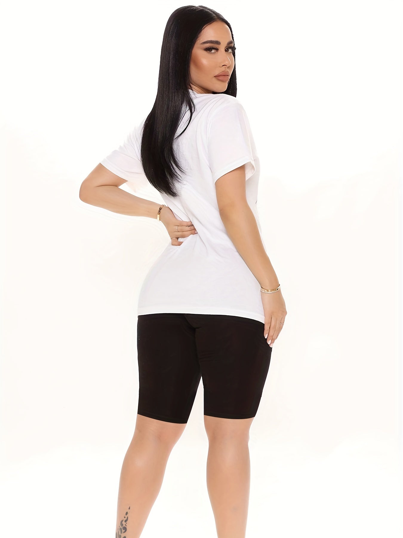 Women's Plus Letter Print Tee & Biker Shorts Set