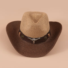 Big Cow Head Leather Belt Retro Outdoor Sunshade Western Cowboy Straw Hat