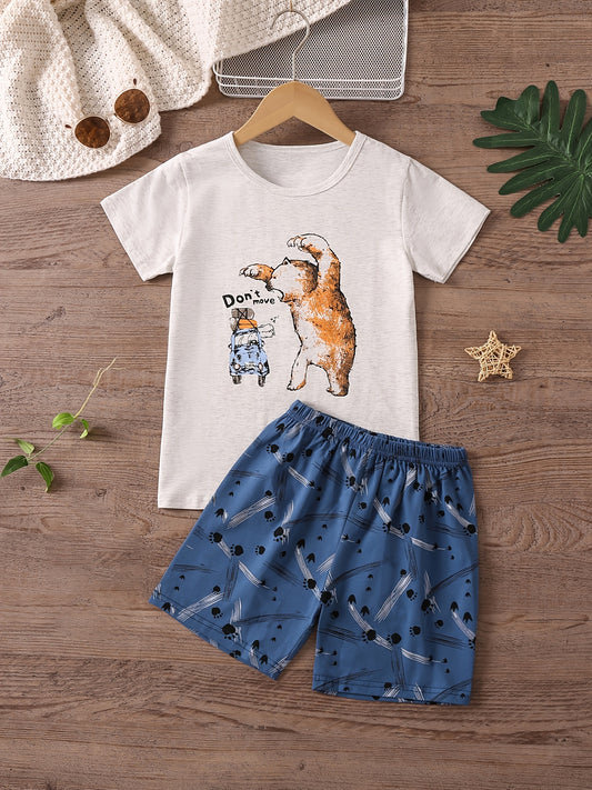 Boys Bear Print Pajama Set Crew Neck Top & Bear Paw Shorts Kids Clothes