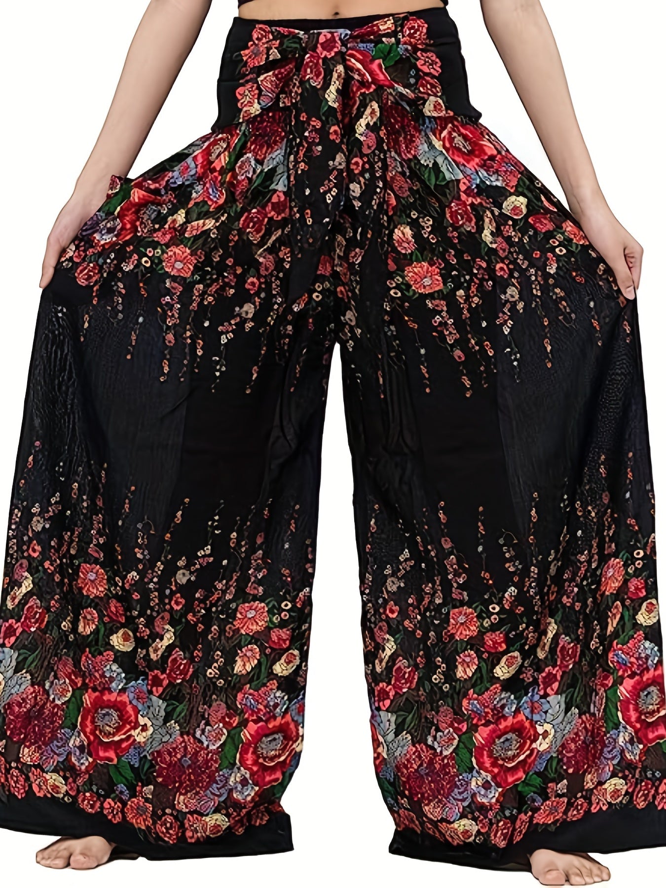 Floral Print High Rise Wide Leg Trousers With Belt