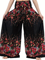 Floral Print High Rise Wide Leg Trousers With Belt