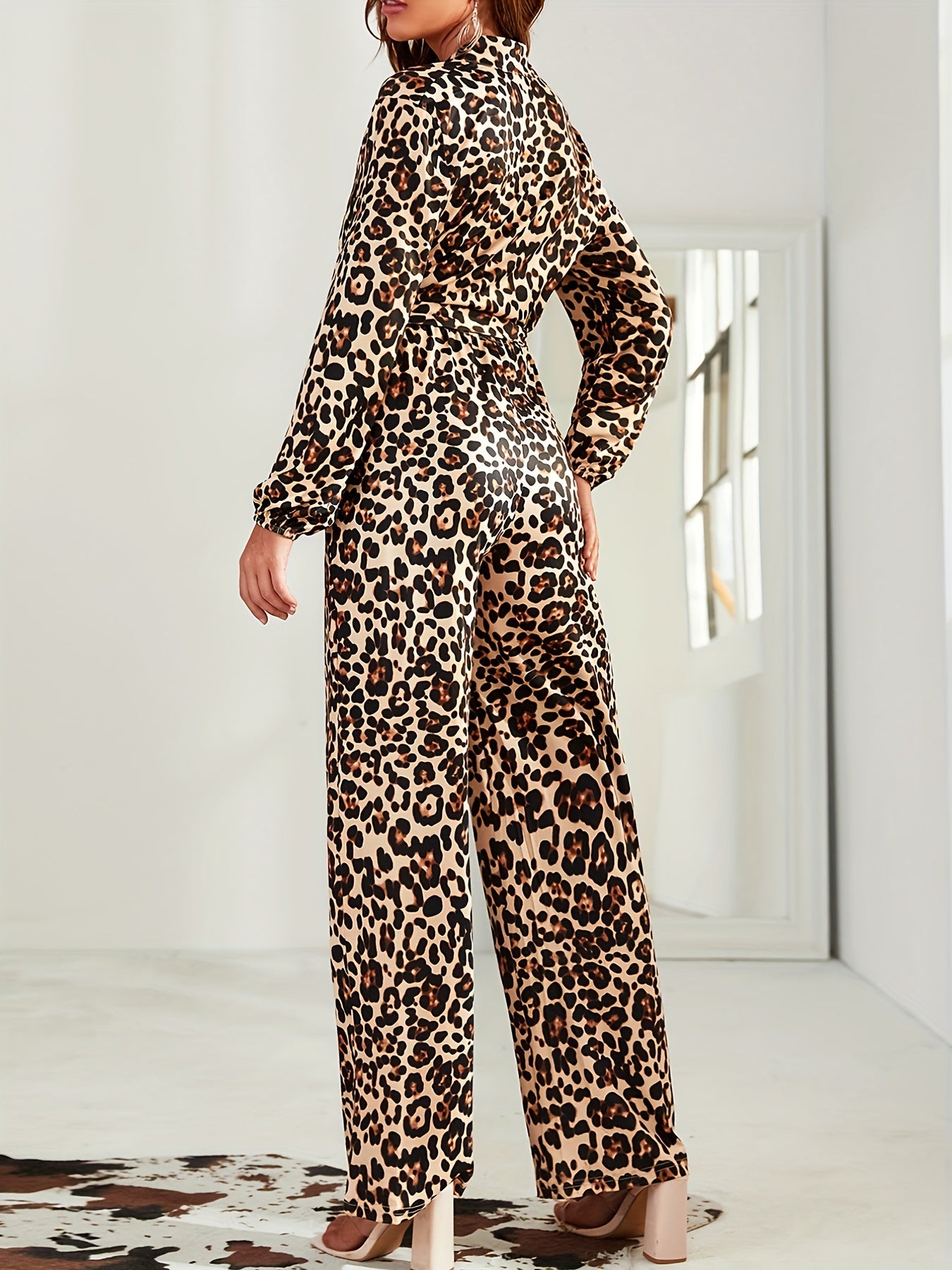 Leopard Print Tie Front Jumpsuit V Neck Long Sleeve Casual Jumpsuit
