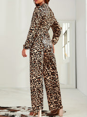 Leopard Print Tie Front Jumpsuit V Neck Long Sleeve Casual Jumpsuit