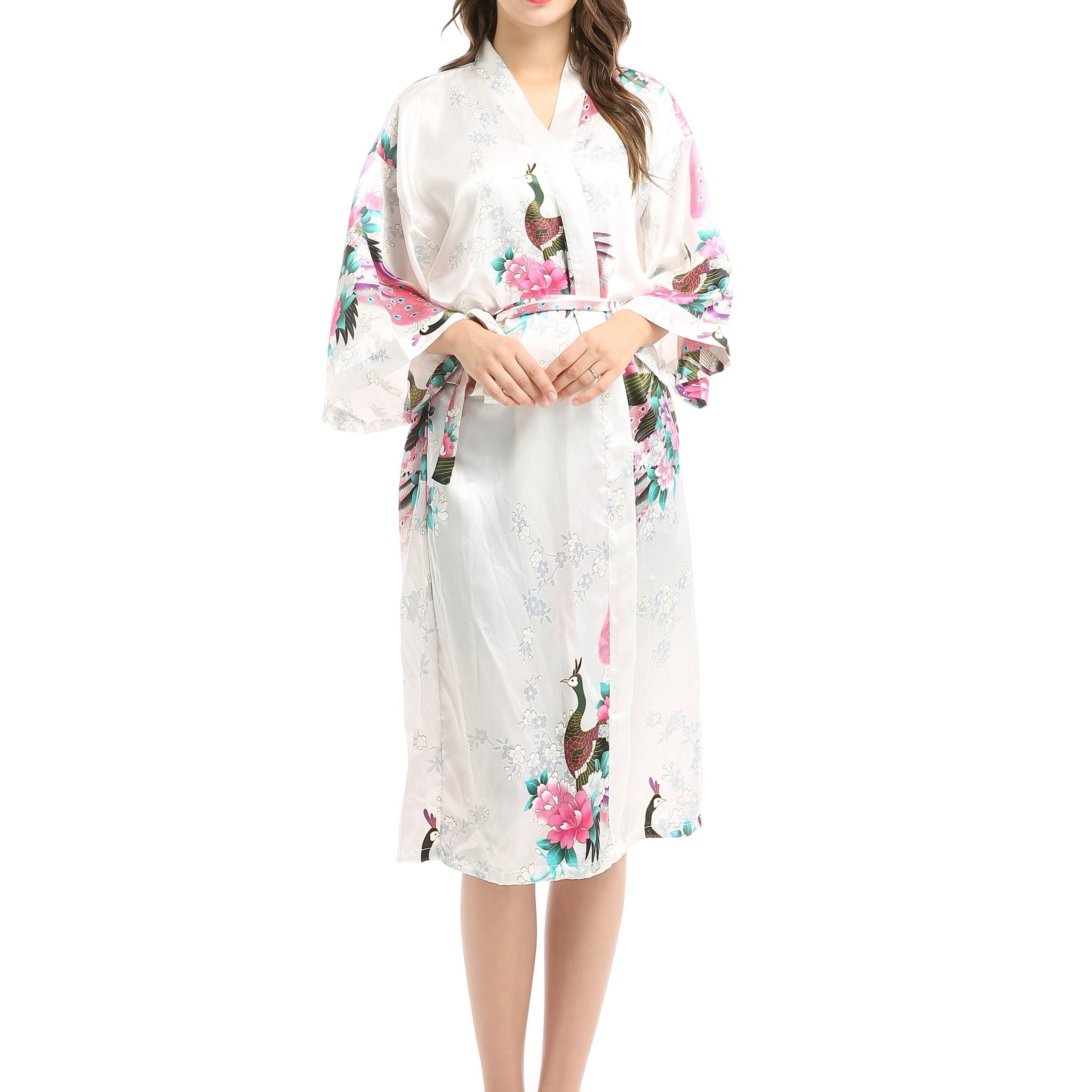 Floral Print Night Robe V Neck Long Sleeve House Robe With Belt