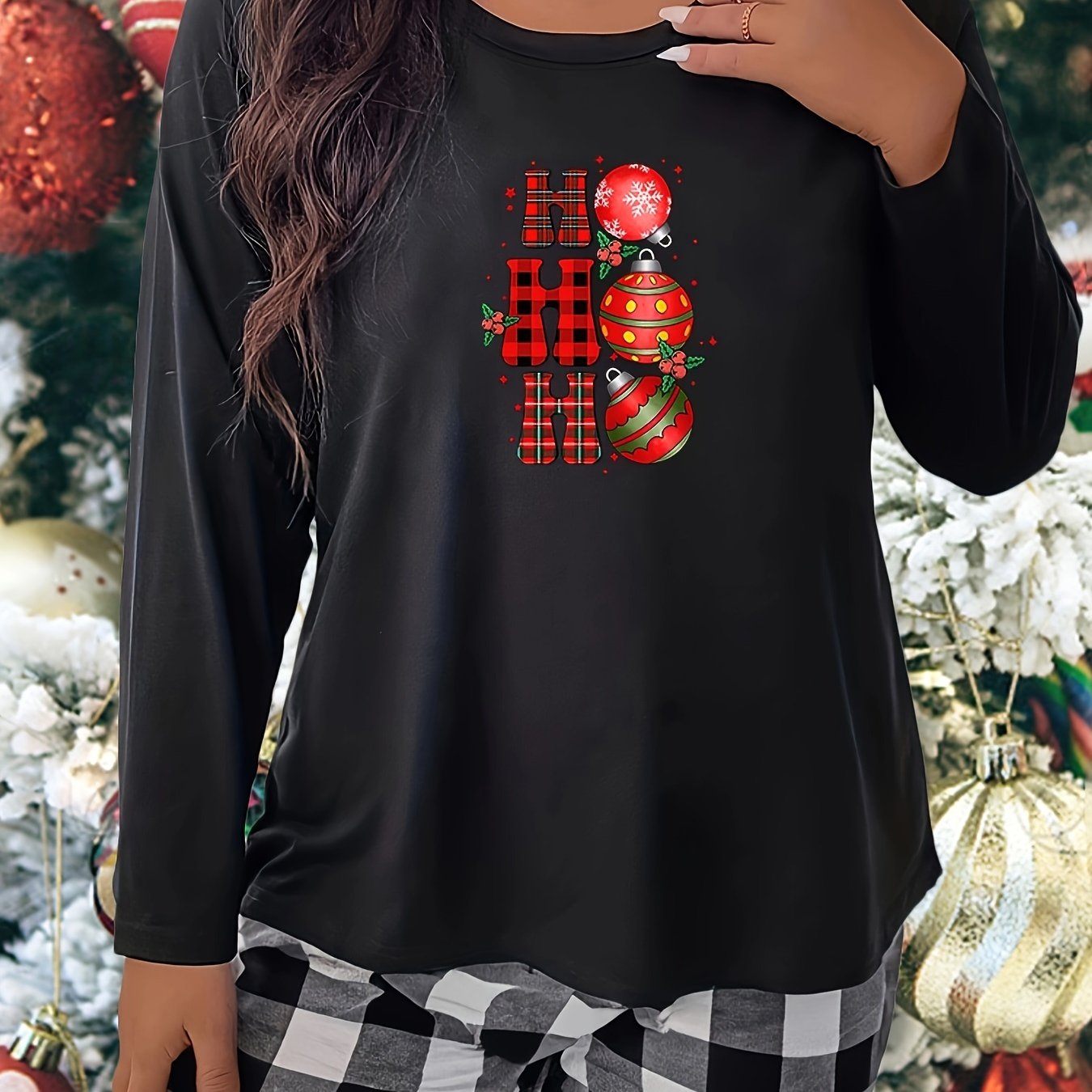  Christmas Bell & Plaid Graphic Long Sleeve Top