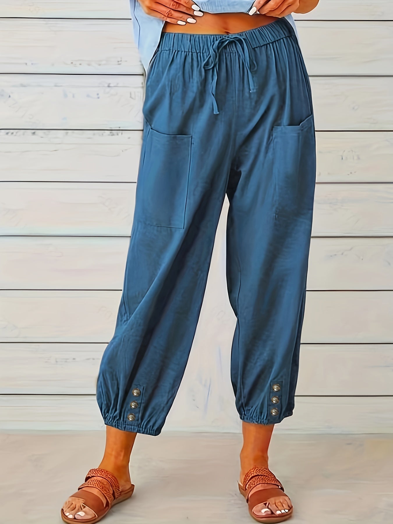 Women's Plus Solid Drawstring Elastic Button Decor Pants