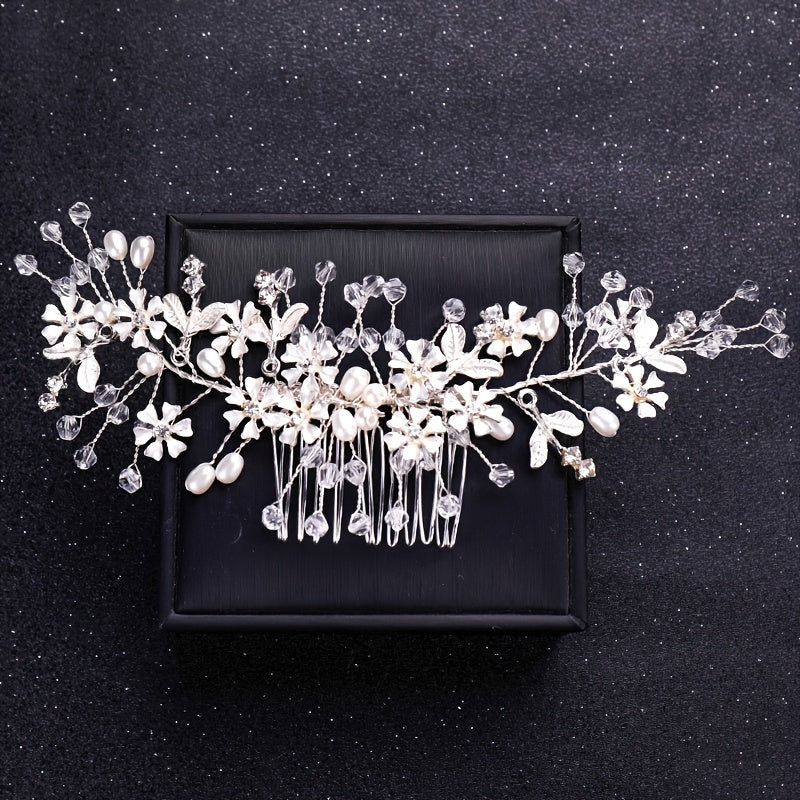 Silvery Faux Pearl Crystal Hair Comb Wedding Hair Accessories For Bride Women