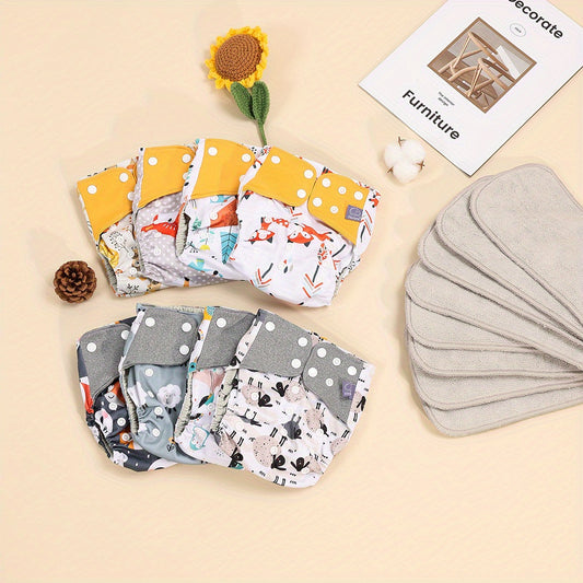 Animal Print Waterproof 8pcs Cloth Diapers & Absorbent Inserts