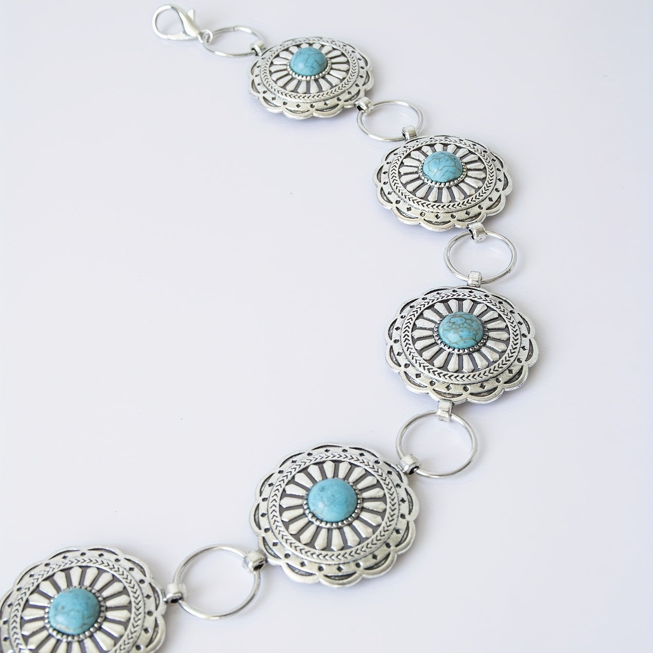 Vintage Silvery Turquoise Waist Chain with Tassel, Bohemian Belly Belt