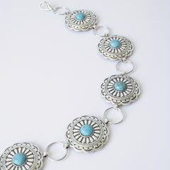 Vintage Silvery Turquoise Waist Chain with Tassel, Bohemian Belly Belt