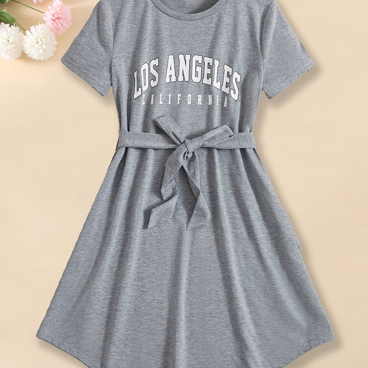 Girls' Short Sleeve T Shirt Dress with Belted Waist