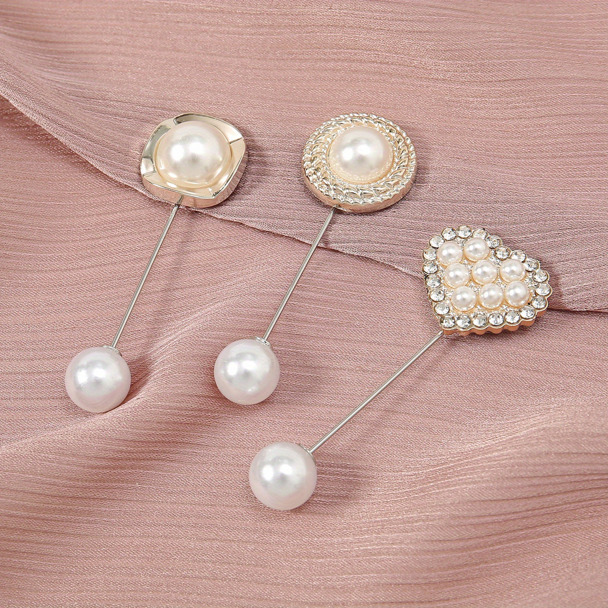 3pc Geometric Love Pin Brooches with Faux Pearl and Rhinestone for Women