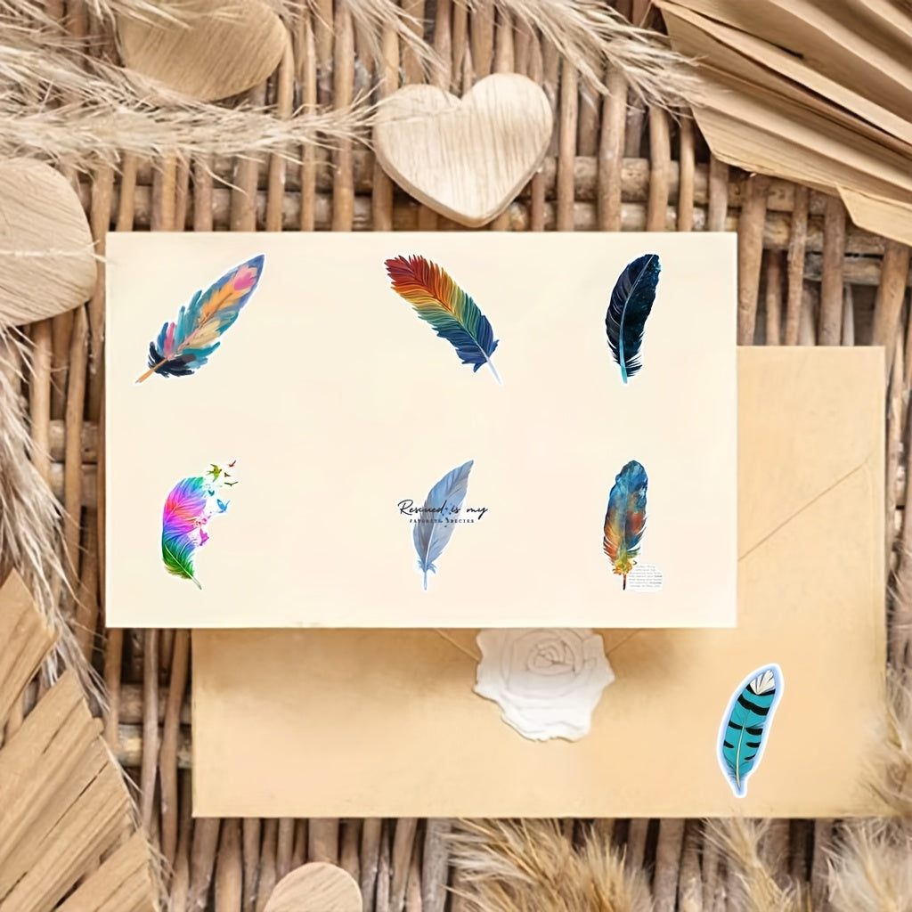 54pcs Feather Stickers Red Purple Teal Golden Self Adhesive