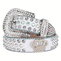 Crown Rhinestone PU Leather Belt Western Cowboy Crown Belt